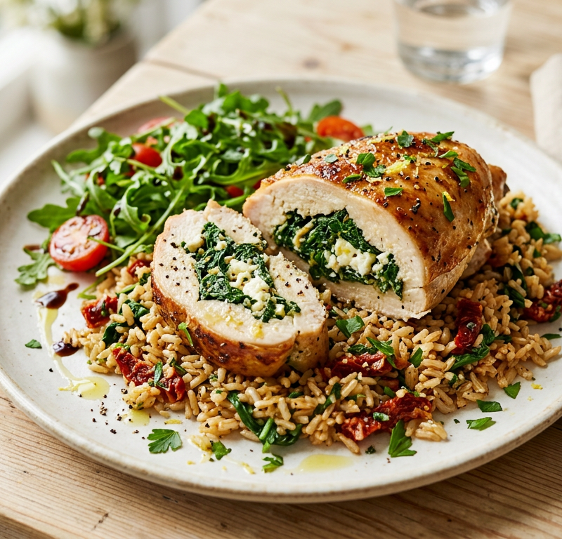 Spinach & Feta Stuffed Chicken with Sun-Dried Tomato Rice