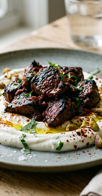 Seared Beef Tenderloin Tips with Smoky Harissa and Garlic Yogurt