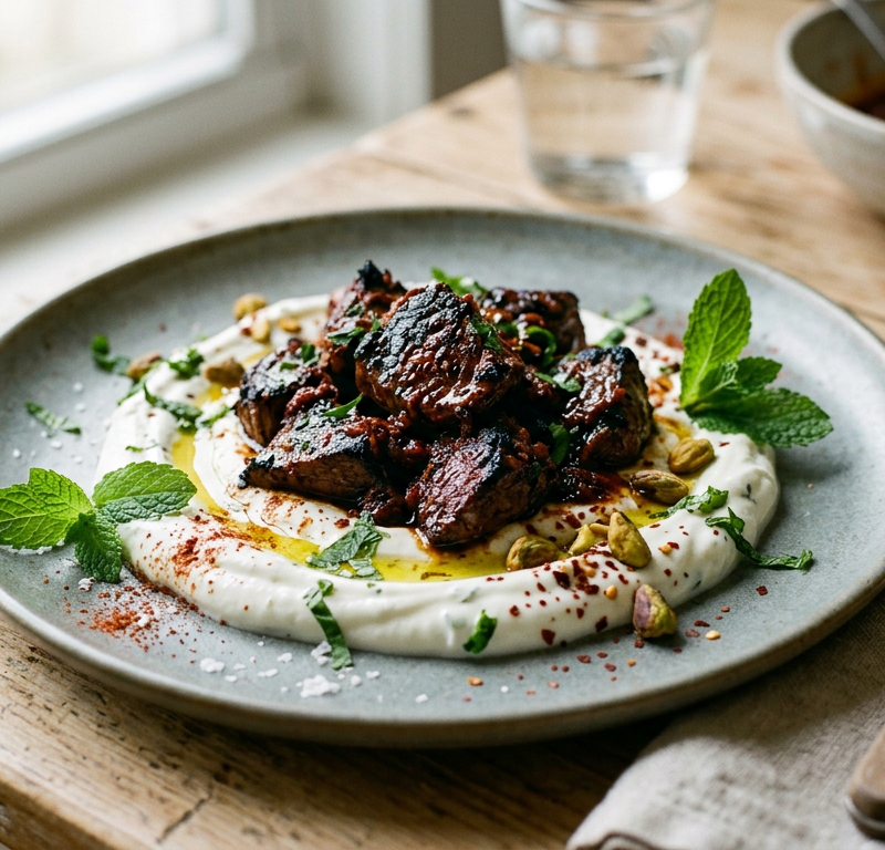 Seared Beef Tenderloin Tips with Smoky Harissa and Garlic Yogurt