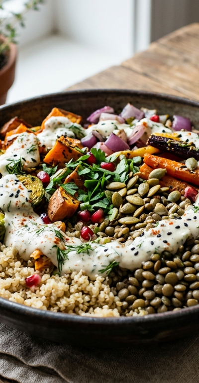 Lentil & Roasted Vegetable Grain Bowl with Yogurt-Tahini Dressing