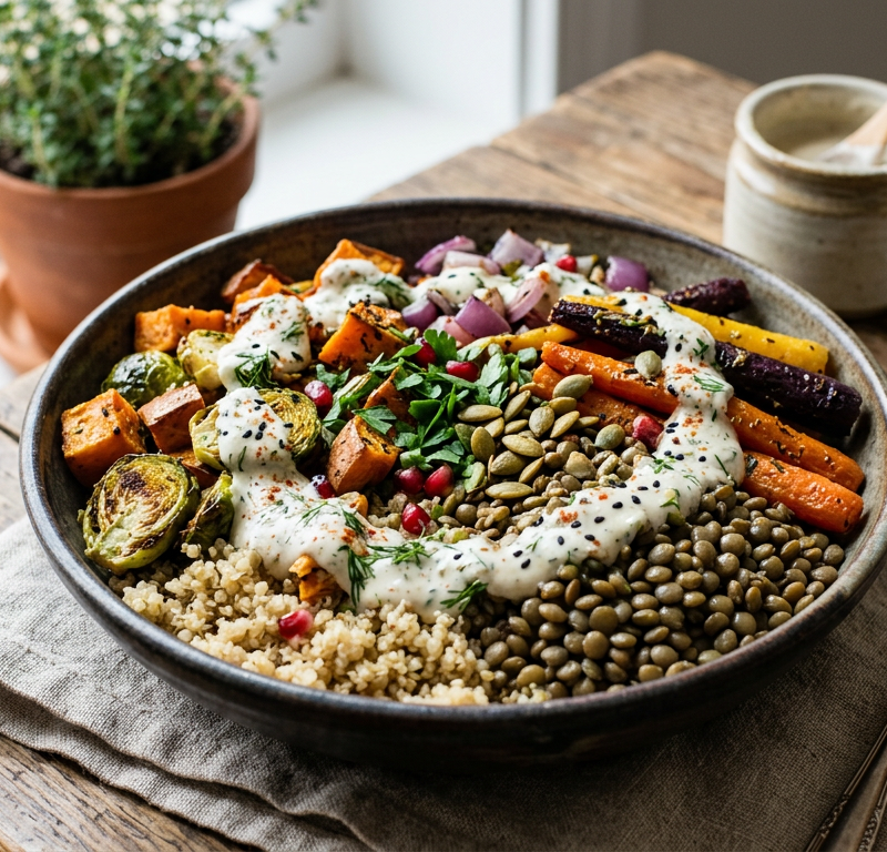Lentil & Roasted Vegetable Grain Bowl with Yogurt-Tahini Dressing