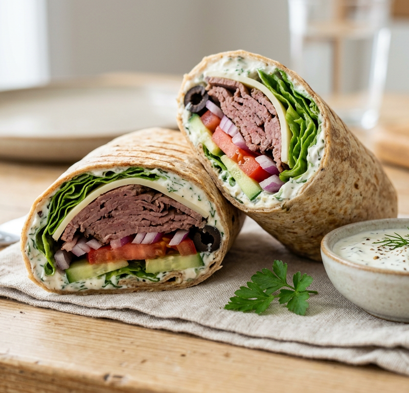 Mediterranean-Style Roast Beef and Cheddar Wrap