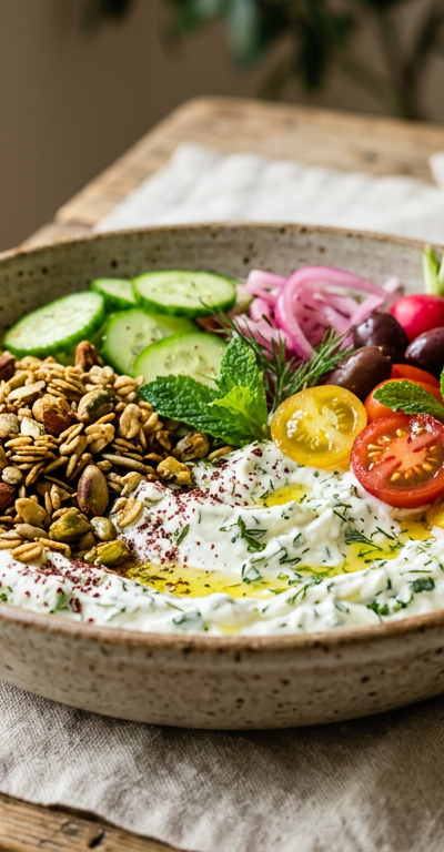 Herbed Labneh Breakfast Bowl with Olive Oil Granola