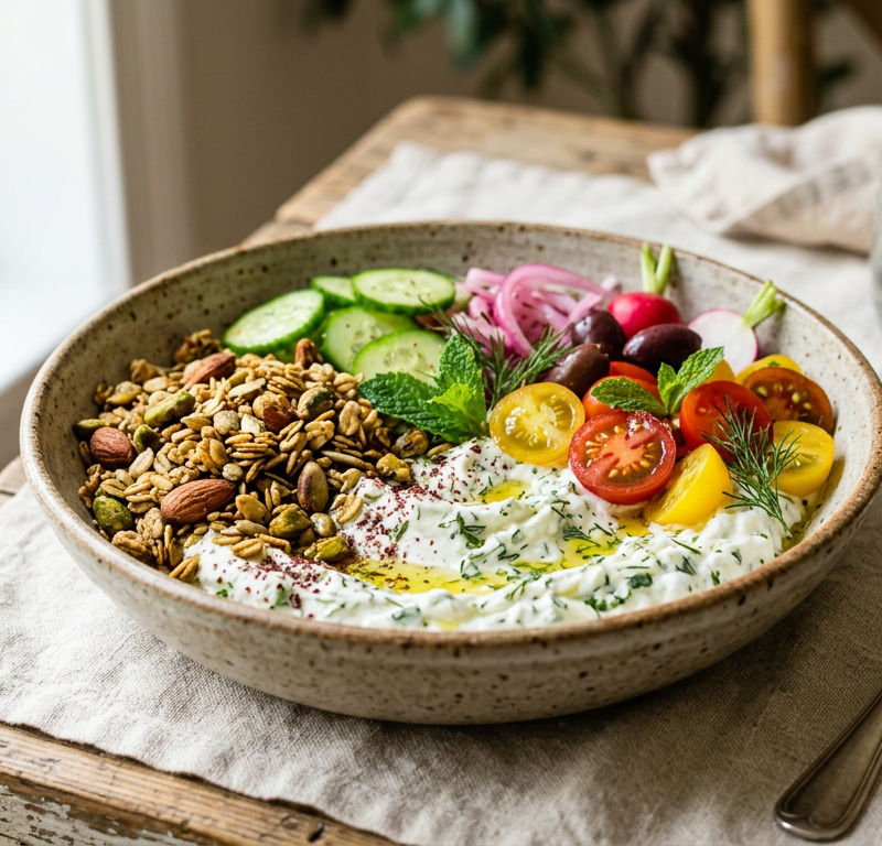 Herbed Labneh Breakfast Bowl with Olive Oil Granola