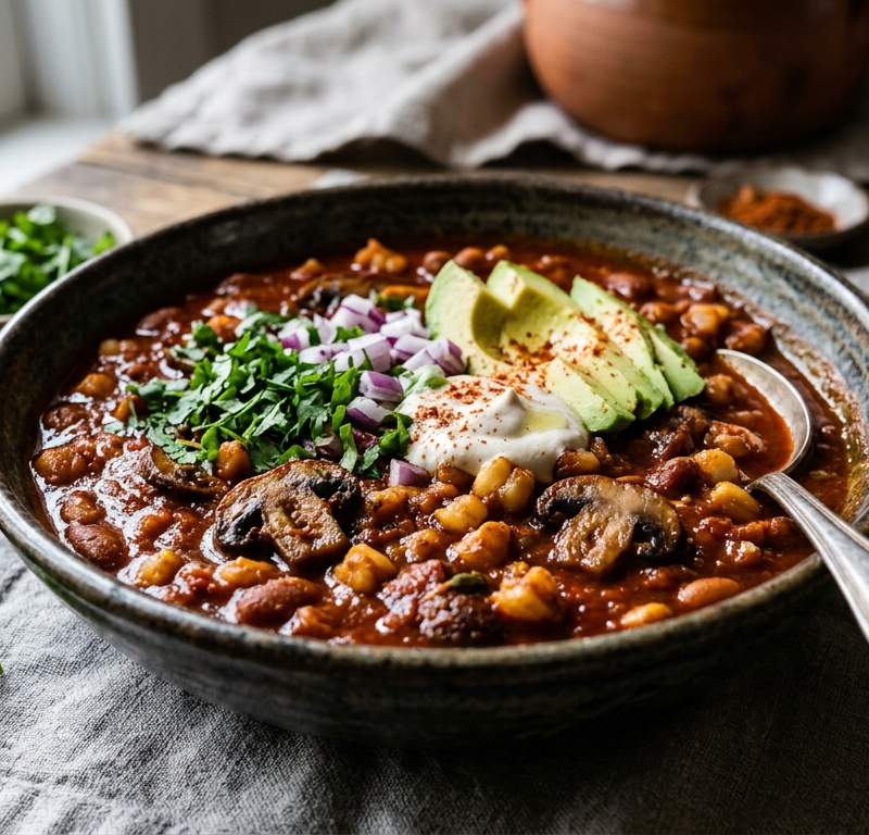 Smoky Vegan Chili Colorado with Hominy