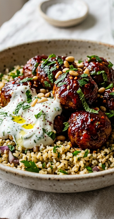 Honey-Harissa Glazed Meatballs with Minted Yogurt
