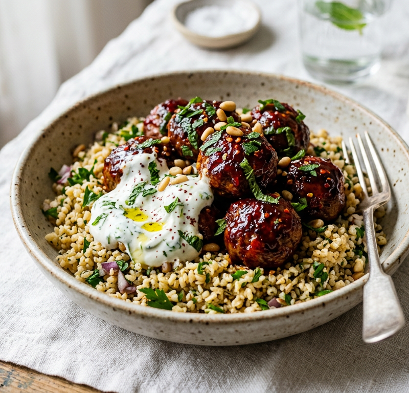 Honey-Harissa Glazed Meatballs with Minted Yogurt