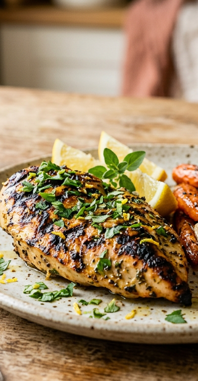 Grilled Lemon-Oregano Chicken with Roasted Carrots and Garlic Oil
