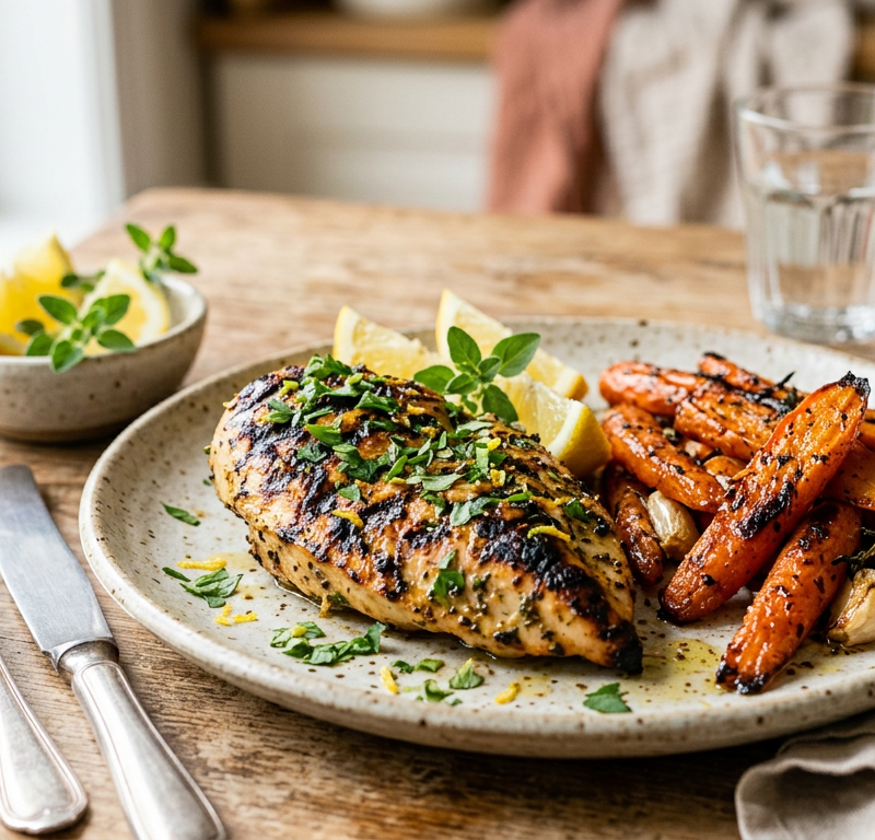 Grilled Lemon-Oregano Chicken with Roasted Carrots and Garlic Oil