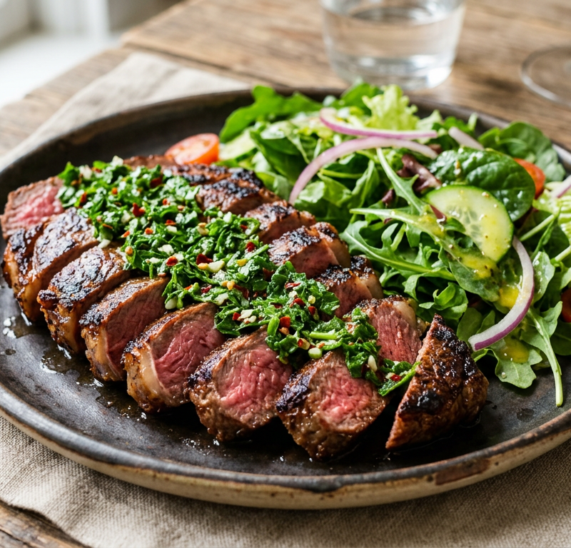 Pan-Seared Steak with Chimichurri and Simple Green Salad