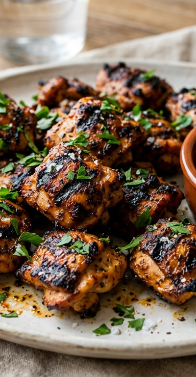 Grilled Paprika Chicken Bites with Garlic-Chili Oil Dip