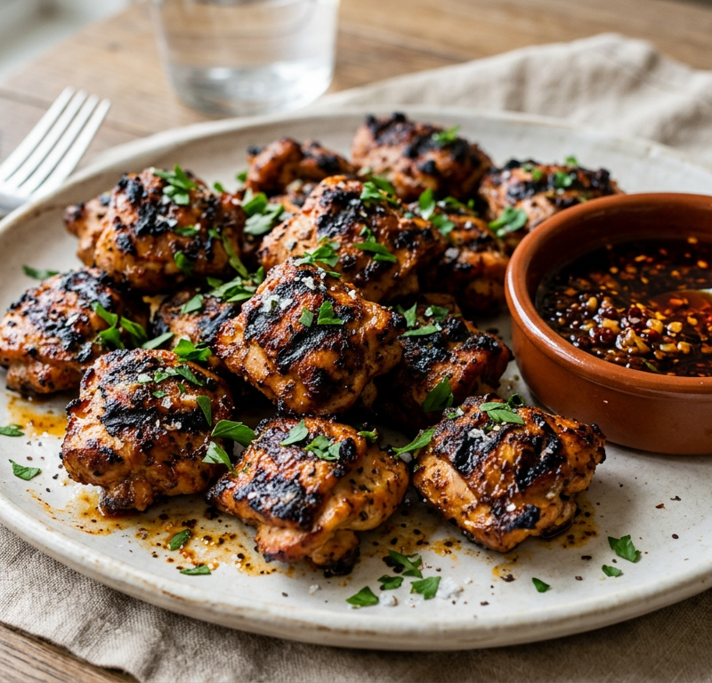 Grilled Paprika Chicken Bites with Garlic-Chili Oil Dip