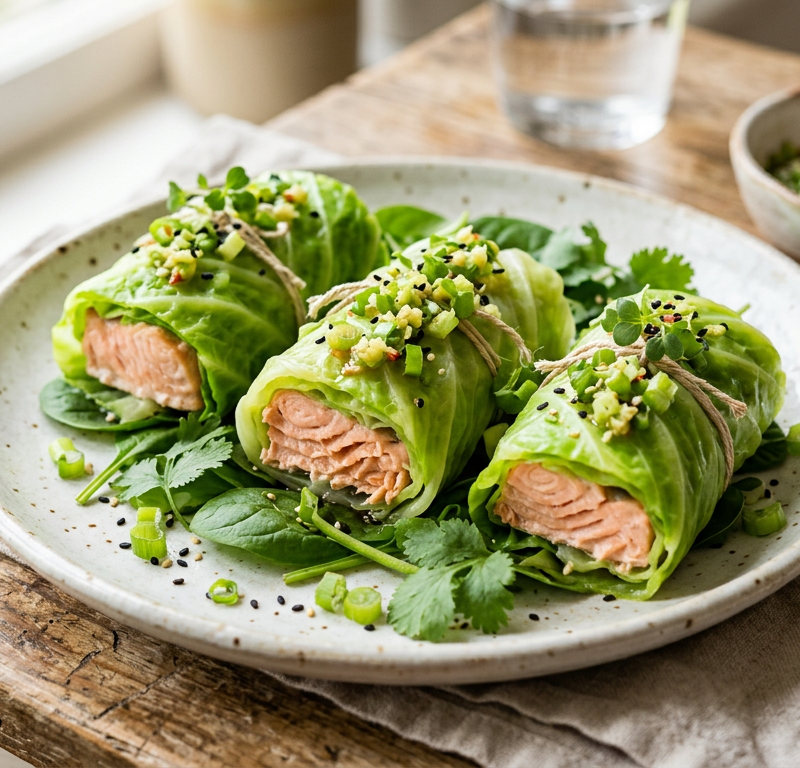 Cabbage Wrapped Salmon Rolls