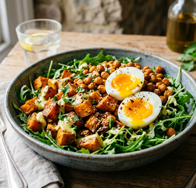Warm Cumin Chickpea and Sweet Potato Breakfast Salad with Soft Eggs
