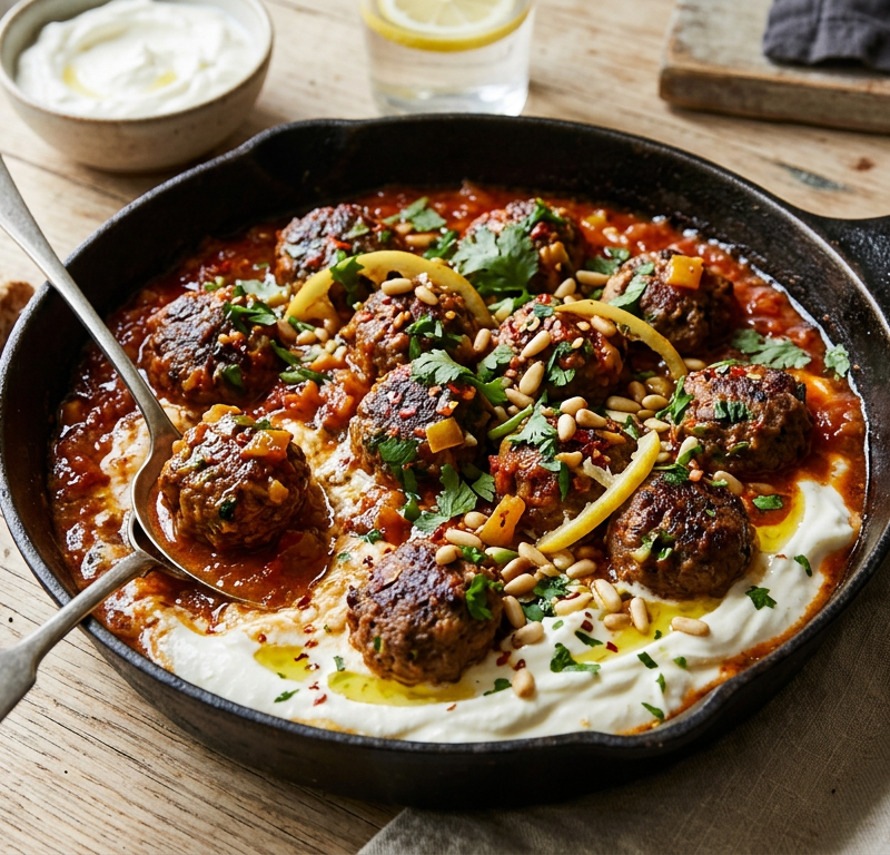 Harissa Beef and Preserved Lemon Meatball Skillet with Whipped Yogurt