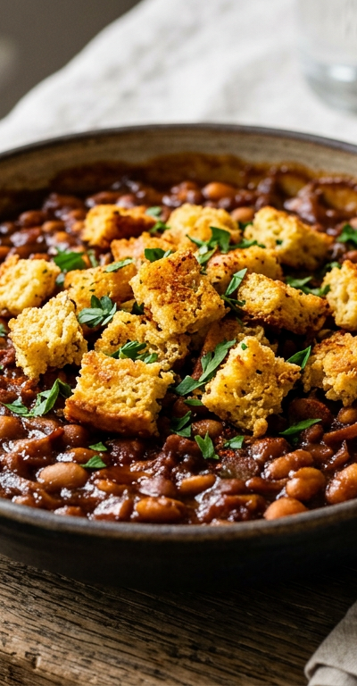 Smoky Maple Baked Beans with Cornbread Croutons