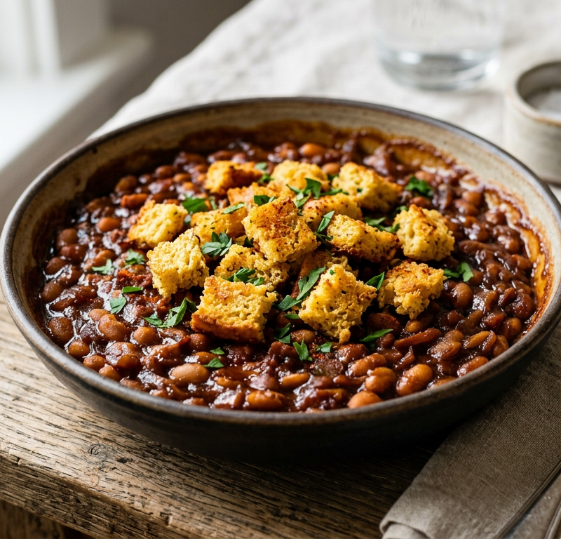 Smoky Maple Baked Beans with Cornbread Croutons