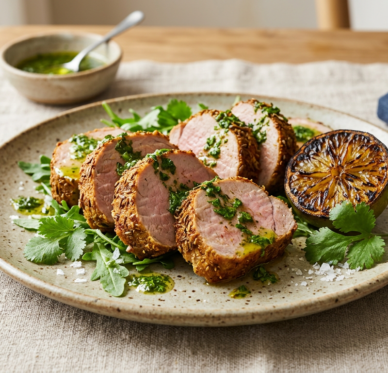 Cumin-Crusted Pork Tenderloin Medallions with Charred Lime and Cilantro Oil