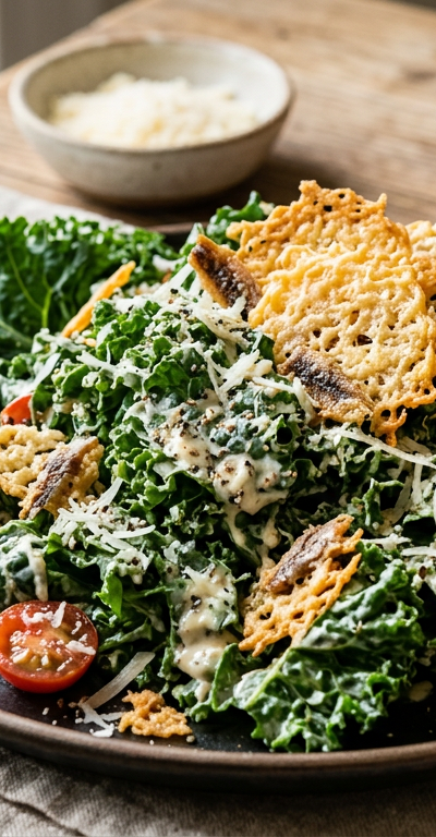 Kale Caesar Salad with Anchovy-Parmesan Crisps