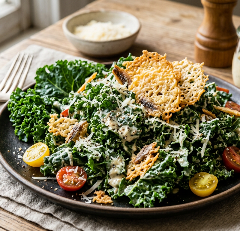 Kale Caesar Salad with Anchovy-Parmesan Crisps