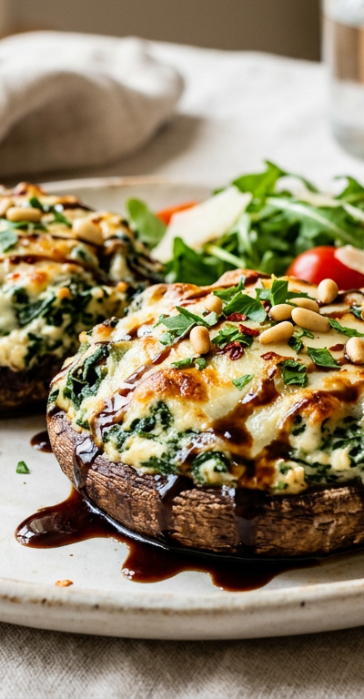 Spinach & Ricotta Stuffed Portobellos with Balsamic Glaze