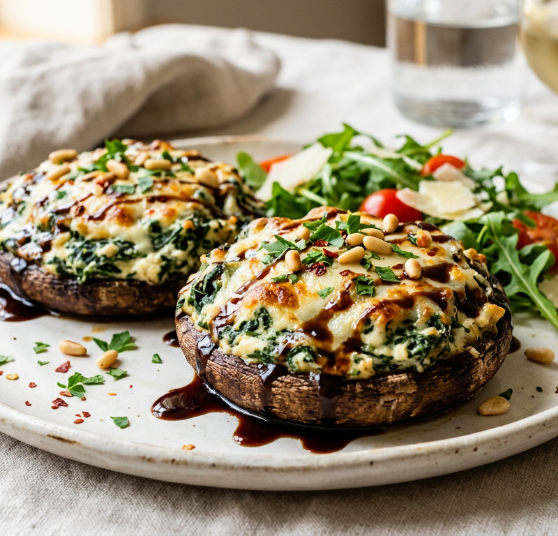 Spinach & Ricotta Stuffed Portobellos with Balsamic Glaze