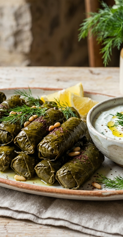 Mediterranean Stuffed Grape Leaves with Yogurt Sauce