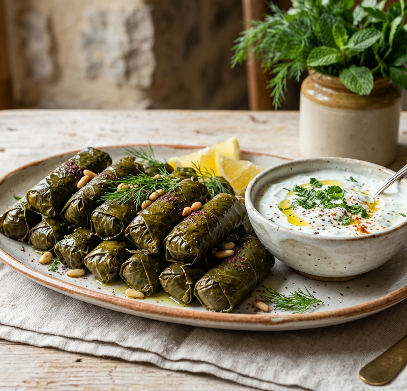 Mediterranean Stuffed Grape Leaves with Yogurt Sauce