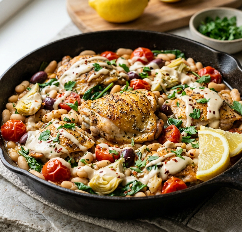 Mediterranean Chicken & White Bean Skillet with Tahini Drizzle