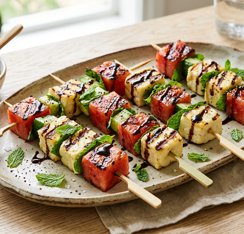Grilled Halloumi and Watermelon Skewers