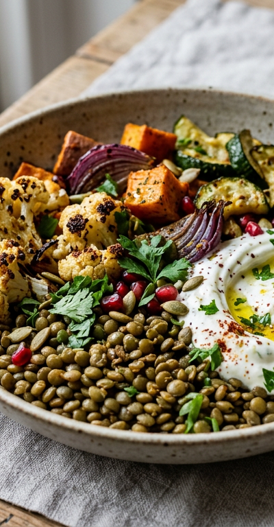 Spiced Lentil and Roasted Vegetable Bowl with Garlic Yogurt