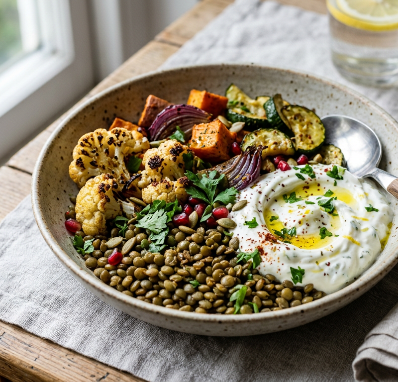 Spiced Lentil and Roasted Vegetable Bowl with Garlic Yogurt
