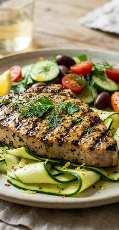 Greek-Spiced Grilled Swordfish with Zucchini Ribbons