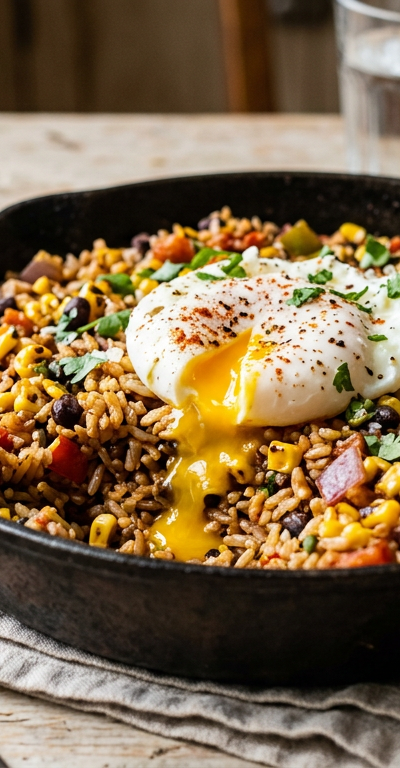 Charred Corn & Black Bean Brown Rice Skillet with Poached Egg