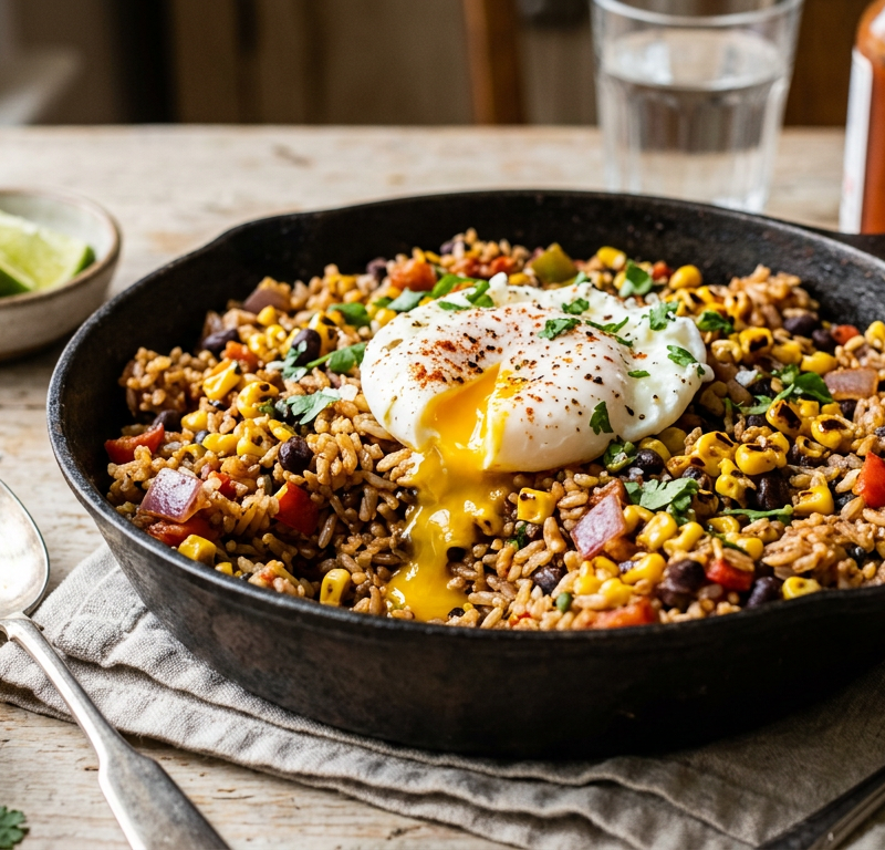 Charred Corn & Black Bean Brown Rice Skillet with Poached Egg