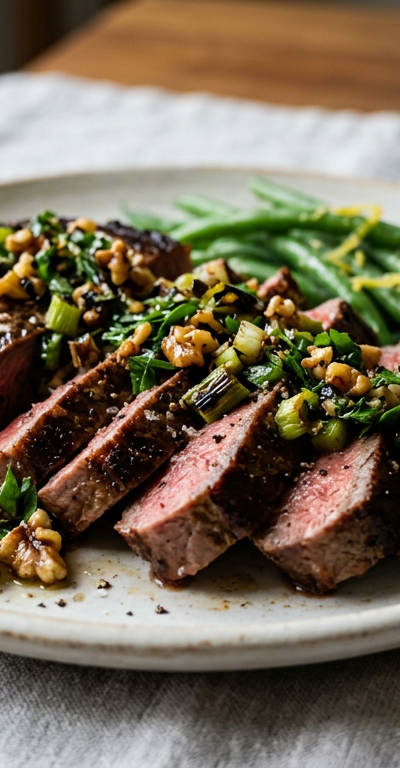 Seared Beef Sirloin with Charred Scallion-Walnut Relish