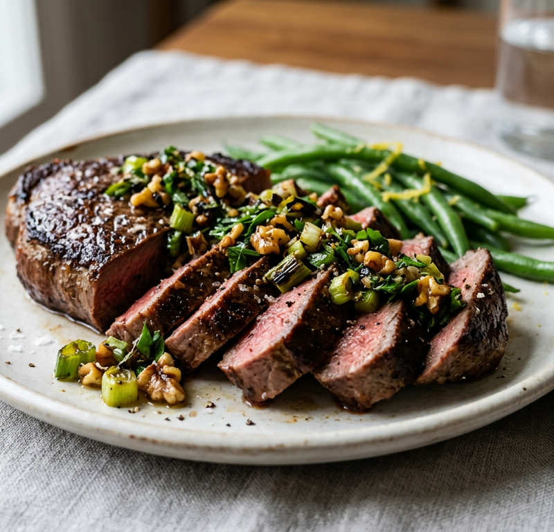 Seared Beef Sirloin with Charred Scallion-Walnut Relish