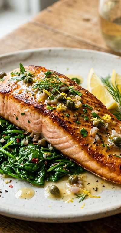 Lemon-Caper Salmon with Wilted Spinach