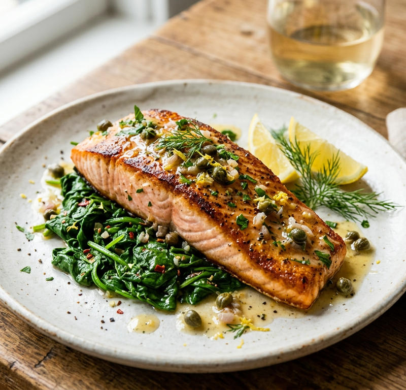Lemon-Caper Salmon with Wilted Spinach