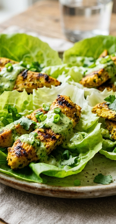 Grilled Curry Chicken Strips with Coconut-Herb Drizzle on Butter Lettuce