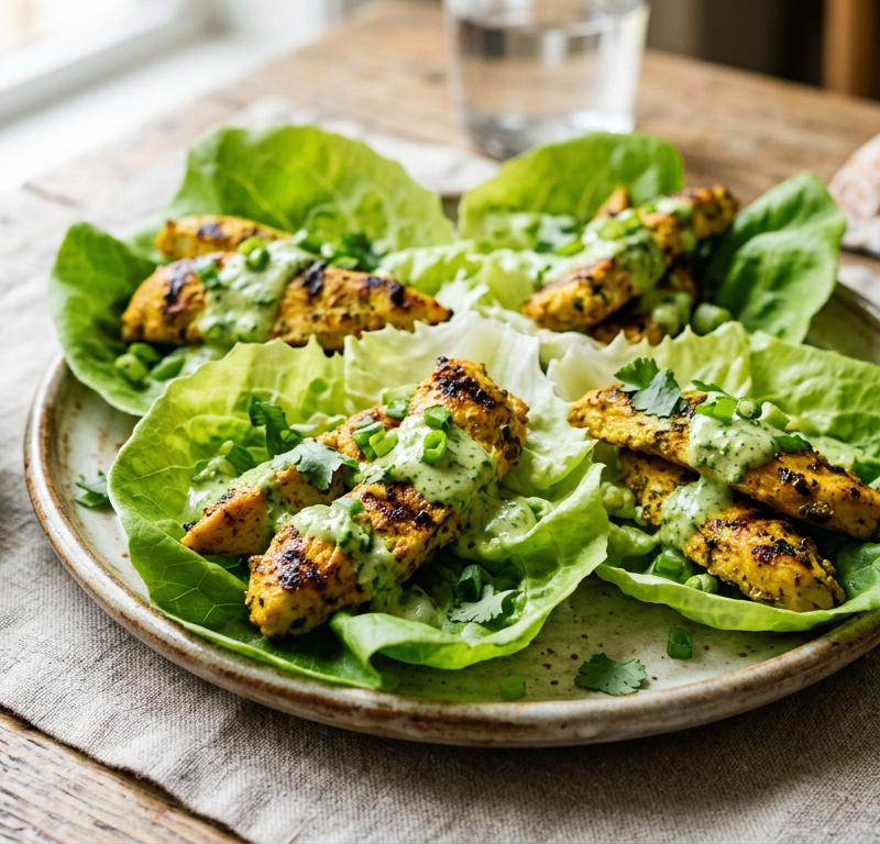 Grilled Curry Chicken Strips with Coconut-Herb Drizzle on Butter Lettuce