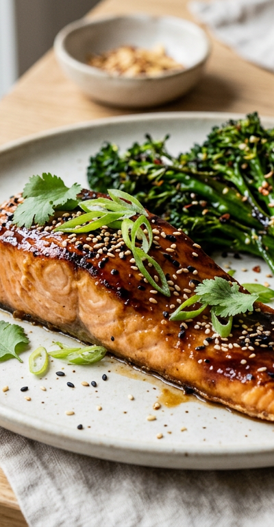 Miso-Ginger Glazed Salmon with Charred Broccolini