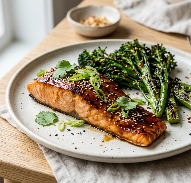 Miso-Ginger Glazed Salmon with Charred Broccolini