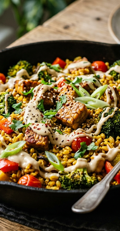 Turmeric Tempeh & Farro Skillet with Gentle Ginger-Tahini Drizzle