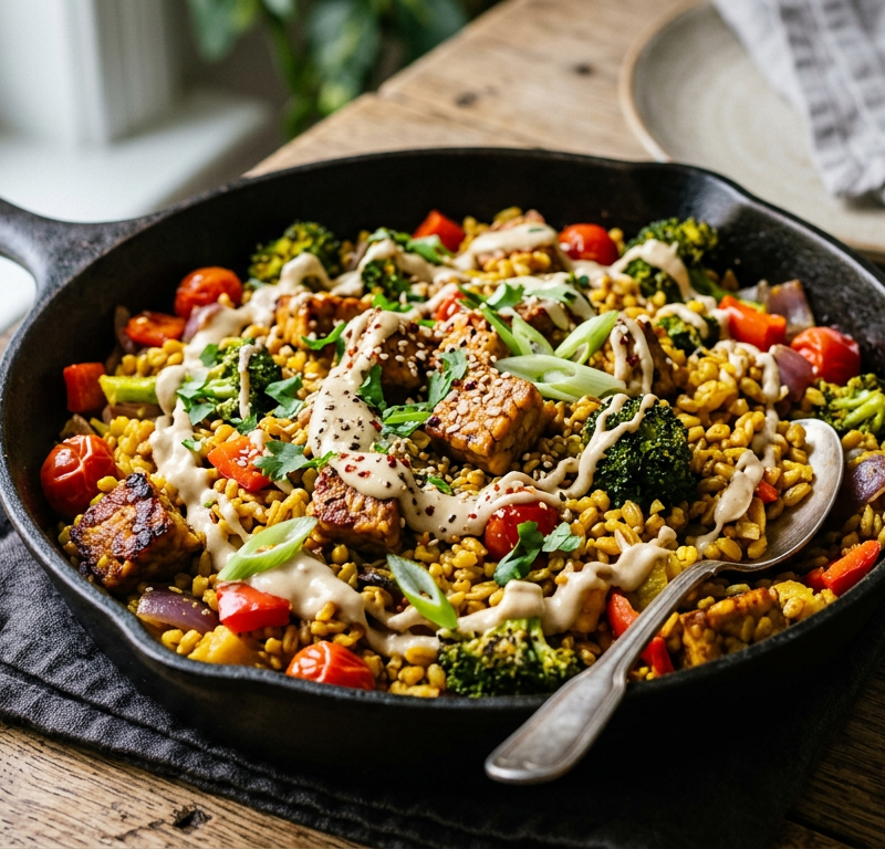 Turmeric Tempeh & Farro Skillet with Gentle Ginger-Tahini Drizzle