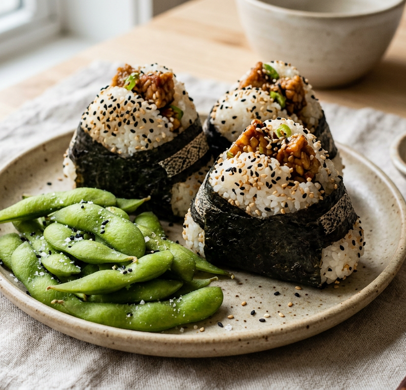 Sesame-Miso Tempeh Onigiri with Steamed Edamame