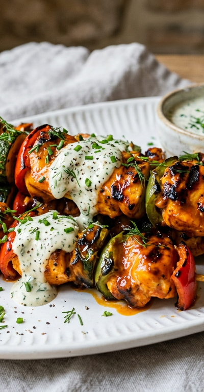 Buffalo Chicken Grilled Skewers with Dairy-Free Blue Cheese-less Drizzle