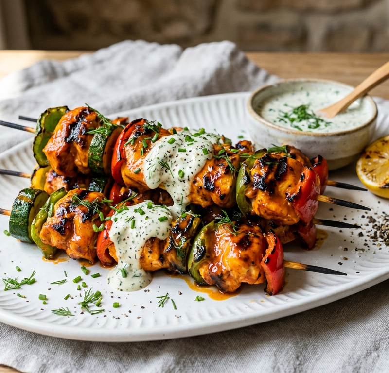 Buffalo Chicken Grilled Skewers with Dairy-Free Blue Cheese-less Drizzle