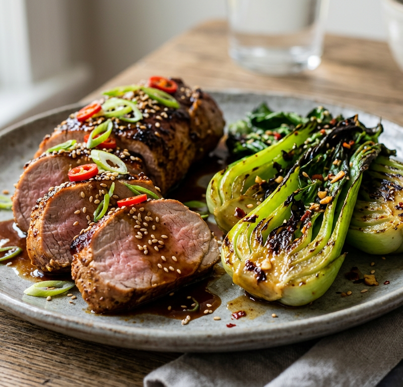 Ginger-Soy Pork Tenderloin with Charred Bok Choy