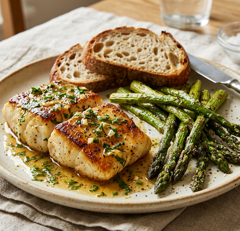 Garlic-Herb Butter Cod with Quick Pan Sauce, Roasted Asparagus and Crusty Bread